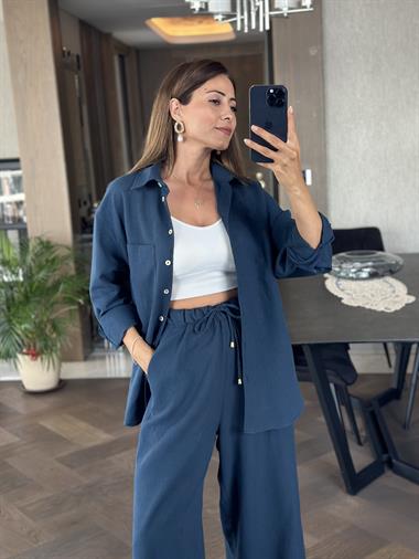 İndigo Gömlek Palazzo Pantolon Keten Kadın Alt Üst Takım