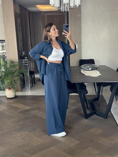 İndigo Gömlek Palazzo Pantolon Keten Kadın Alt Üst Takım