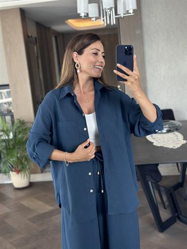 İndigo Gömlek Palazzo Pantolon Keten Kadın Alt Üst Takım