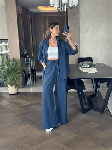 İndigo Gömlek Palazzo Pantolon Keten Kadın Alt Üst Takım
