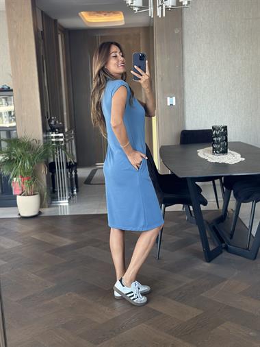 İndigo Polo Yaka Sıfır Kol Modal Midi Boy Kadın Elbise 