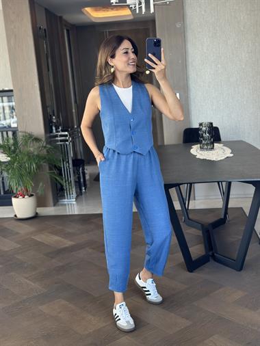 İndigo Paçası Pensli Beli Lastikli Cepli Aerobin Kadın Pantolon