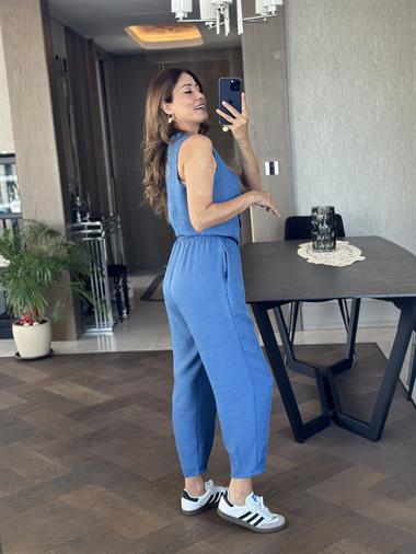 İndigo Paçası Pensli Beli Lastikli Cepli Aerobin Kadın Pantolon