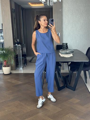 İndigo Sıfır Kol Bluz Pantolon Tnsel Alt Üst Takım