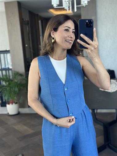 İndigo Sıfır Kol Üç Düğmeli Aerobin  Kumaş Kadın Yelek