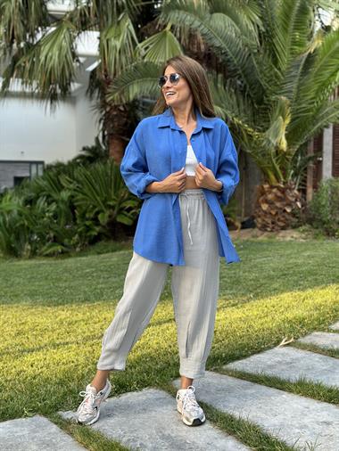 İndigo Tensel  Oversize Kadın Gömlek