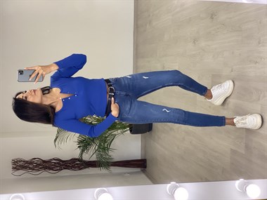 İndigo Uzun Kol Patlı Kadın Bluz