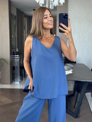 İndigo V Yaka Bluz Bol Paça Pantolon Kadın Alt Üst Takım