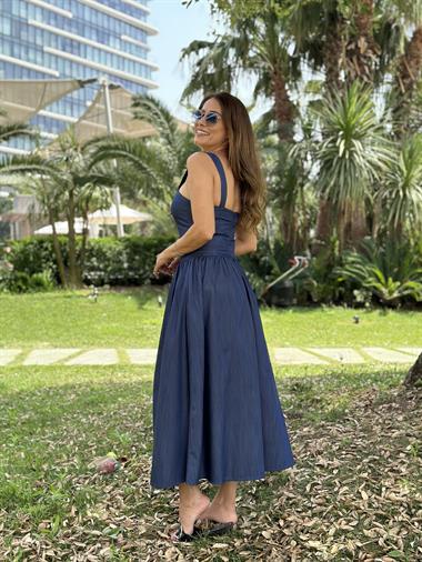 İndigo Yumuşak Denim Düğme Detay Sırtı Fermuarlı Cepli Kadın Elbise