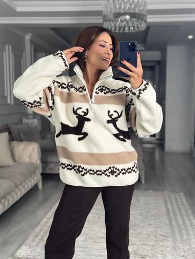 Kahve Geyik Desenli Yarım Fermuarlı Peluş Kadın Sweatshirt