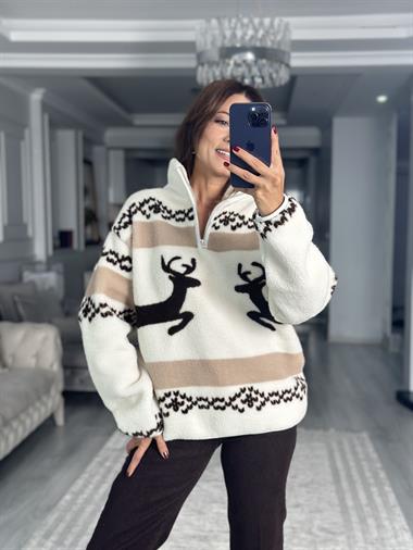 Kahve Geyik Desenli Yarım Fermuarlı Peluş Kadın Sweatshirt