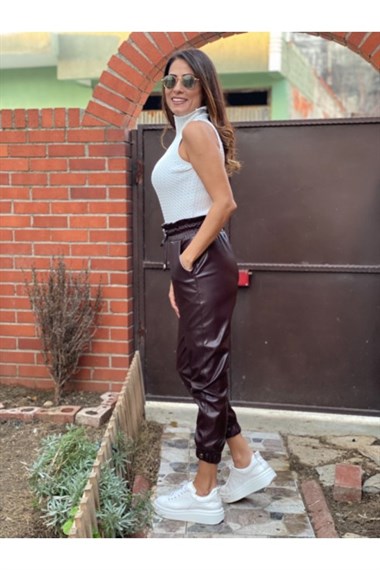 Kahve Paçası Çıtçıtlı Deri Pantolon