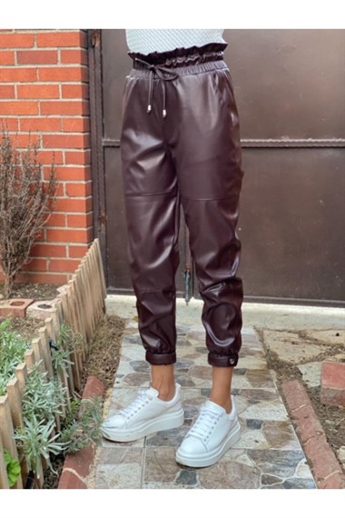 Kahve Paçası Çıtçıtlı Deri Pantolon