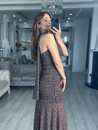 Kahve Puantiyeli Şal Detaylı Straplez Tül Maxi Boy Kadın Elbise