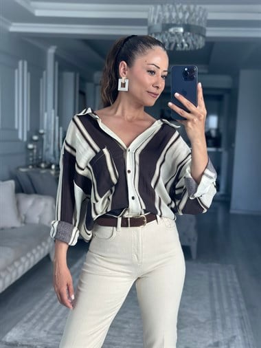 Kahve Taş Çizgili Düşük Omuzlu Oversize Kadın Gömlek