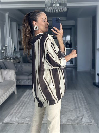 Kahve Taş Çizgili Düşük Omuzlu Oversize Kadın Gömlek