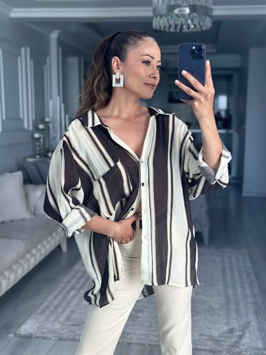 Kahve Taş Çizgili Düşük Omuzlu Oversize Kadın Gömlek