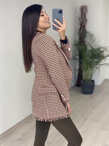 Kahve Turuncu Desen Eteği Püsküllü Tüvit Kadın Ceket