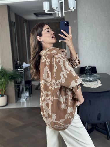 Kahve Vizon Desenli Salaş Kadın Gömlek