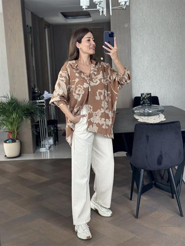 Kahve Vizon Desenli Salaş Kadın Gömlek