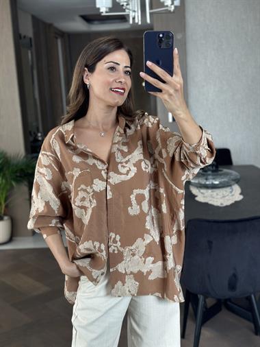 Kahve Vizon Desenli Salaş Kadın Gömlek