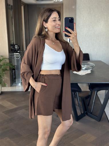 Kahverengi Aerobin Şortlu Kimono Kadın Alt Üst Takım