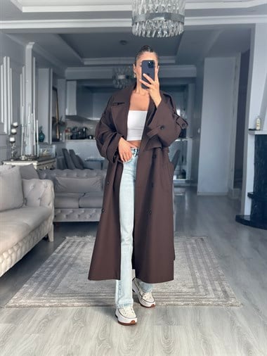 Kahverengi Allerli Oversize Kuşaklı Uzun Kadın Trençkot