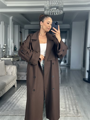 Kahverengi Allerli Oversize Kuşaklı Uzun Kadın Trençkot