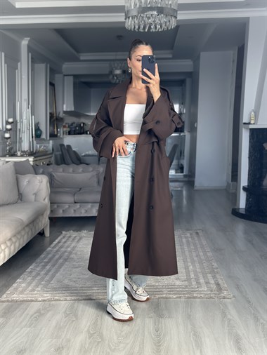 Kahverengi Allerli Oversize Kuşaklı Uzun Kadın Trençkot