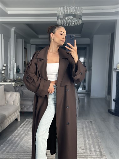 Kahverengi Allerli Oversize Kuşaklı Uzun Kadın Trençkot