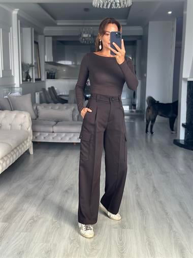 Kahverengi Arka Beli Lastikli Kargo Cepli Kadın Pantolon