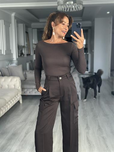 Kahverengi Arka Beli Lastikli Kargo Cepli Kadın Pantolon