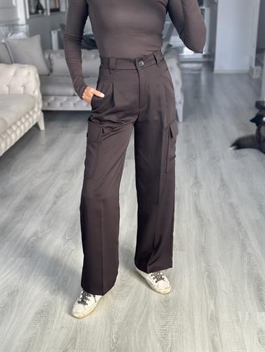 Kahverengi Arka Beli Lastikli Kargo Cepli Kadın Pantolon