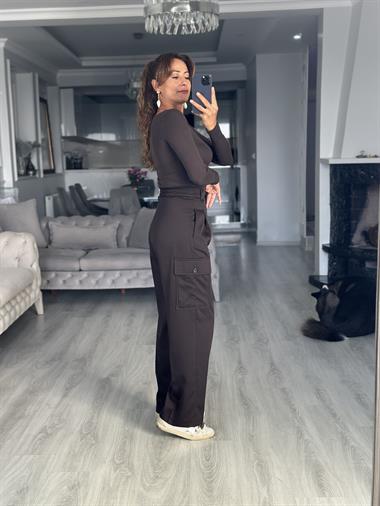 Kahverengi Arka Beli Lastikli Kargo Cepli Kadın Pantolon