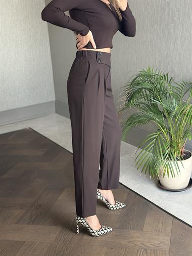 Kahverengi Arka Beli Lastikli Önü İki Düğmeli Kadın Kumaş Pantolon