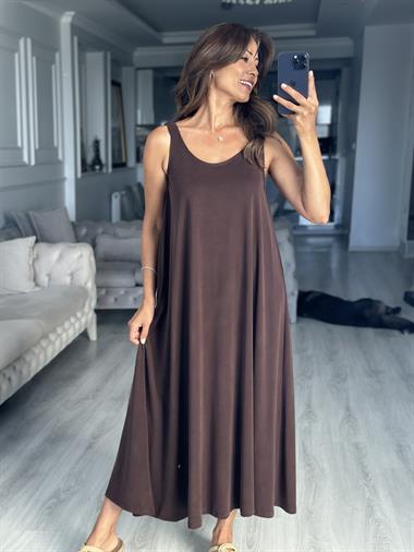 Kahverengi Askıları Lastikli U Yaka Modal Midi Boy Kadın Elbise