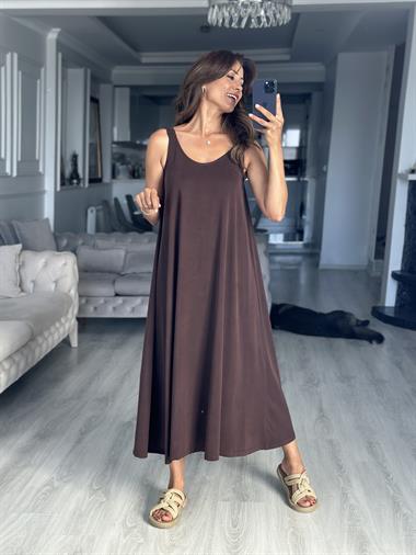 Kahverengi Askıları Lastikli U Yaka Modal Midi Boy Kadın Elbise