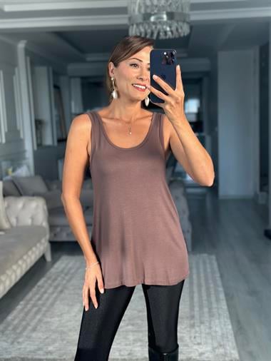 Kahverengi Askılı Eteği Oval Oversize Kadın Bluz