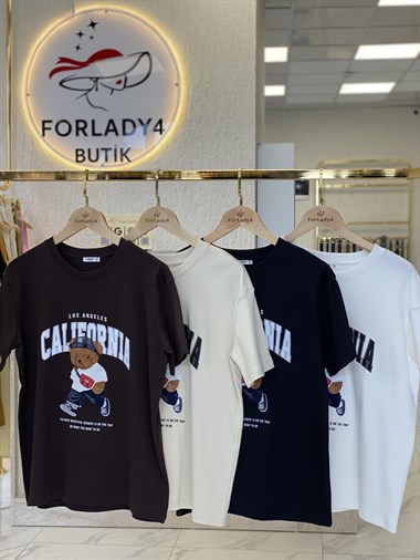 Kahverengi Ayıcık Nakışlı Bisiklet Yaka Kadın T-Shirt