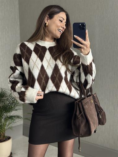 Kahverengi Balıksırtı Arkası Fermuarlı Kadın Mini Etek