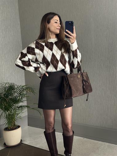 Kahverengi Balıksırtı Arkası Fermuarlı Kadın Mini Etek