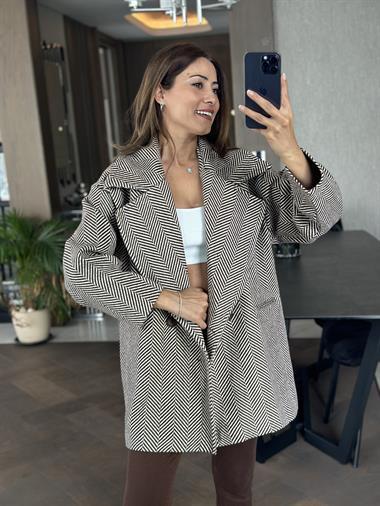 Kahverengi Balıksırtı Oversize Kadın Kaşe Kaban