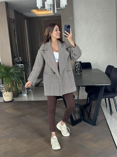 Kahverengi Balıksırtı Oversize Kadın Kaşe Kaban