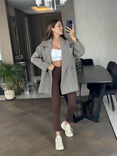 Kahverengi Balıksırtı Oversize Kadın Kaşe Kaban