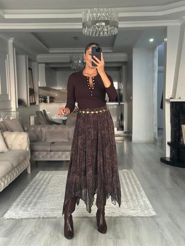 Kahverengi Batik Desenli Asimetrik Midi Boy Kadın Şifon Etek