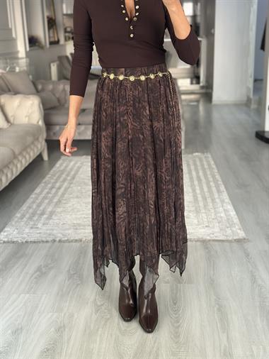 Kahverengi Batik Desenli Asimetrik Midi Boy Kadın Şifon Etek