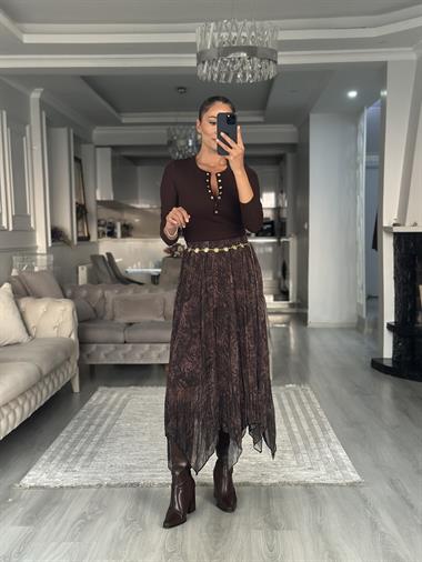 Kahverengi Batik Desenli Asimetrik Midi Boy Kadın Şifon Etek