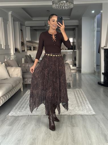 Kahverengi Batik Desenli Asimetrik Midi Boy Kadın Şifon Etek