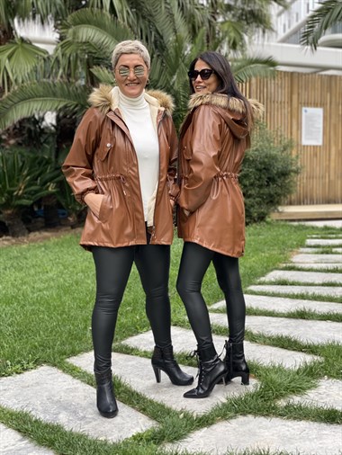 Taba Bel Büzgülü İçi Kürklü Kapüşonlu Deri Kadın Parka