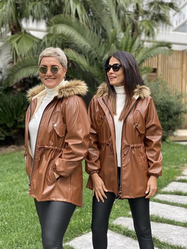 Taba Bel Büzgülü İçi Kürklü Kapüşonlu Deri Kadın Parka